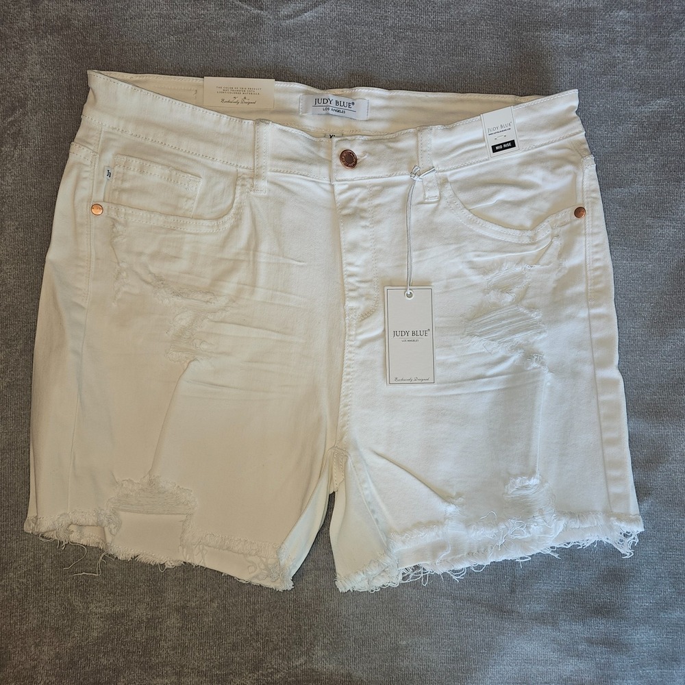 Judy Blue White Distressed Denim Shorts Frayed Raw Hem Coastal Chic Size XL